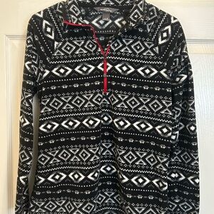 Eddie Bauer Black White Patterned Tribal Fleece Pullover Red Accents Medium M